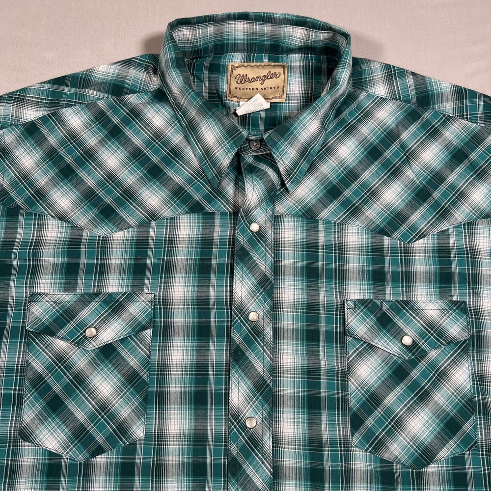 Wrangler Men's 3XL Green Plaid Western Shirt Pearl Snap Button Down Long Sleeve